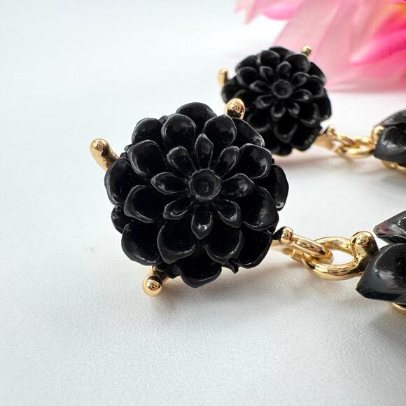 Rare Kenneth Jay Lane Black Resin Flower Drop Earrings Duster Statement Floral - Picture 7 of 14